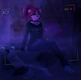 anthro barefoot bottomwear breasts camera_view clothing eyewear feet female fingerless_gloves glasses gloves graffiti hair handwear hoodie looking_at_viewer pants ponytail recording red_hair solo topwear mewmus rose_(mewmus) felid lion mammal pantherine 2019 trans_(lore) trans_woman_(lore)