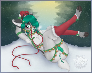 anthro antlers anus bell blush breath christmas_clothing clothing femboy freckles fur genitals green_anus green_eyes green_hair green_penis green_tongue grey_body grey_fur hair harness holidays holly_(plant) hooves horn jingle_bell legwear looking_at_viewer lying male mottled on_back on_snow outside penis piebald plant reins restrained_arms restraints snow snowing solo spots standing stockings text tongue tongue_out white_body white_fur hoofyval christmas val_(hoofyval) deer mammal new_world_deer white-tailed_deer absurd_res hi_res