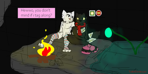 anthro biped black_body black_fur campfire claws clothing duo feet footwear fur happy legwear looking_at_another male male/male scarf simple_background sitting socks speech_bubble thigh_highs thigh_socks white_body white_fur toiletdestroyer boy_kisser_(meme) casualties:_unknown canid canine expie_(gunsawian) gunsawian mammal 2:1 hi_res meme