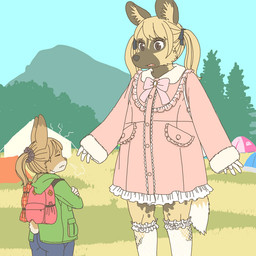 anthro backpack clothed clothing coat duo eyes_closed female kemono tail topwear ekaki510 african_wild_dog canid canine lagomorph leporid mammal rabbit 1:1