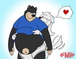 anthro bear big_stomach black_body black_fur black_nose blue_clothing blue_shirt blue_t-shirt blue_topwear briefs canid canine canis clothed clothing clothing_lift detailed_background dialog_balloon dom_(foxmanad) domestic_dog duo eyelashes female foxmanad fur gradient_background heart_symbol male mammal monotone_briefs monotone_clothing monotone_underwear navel overweight overweight_male pantsless_anthro pantsless_male shirt shirt_lift signature simple_background smile spotty_(whatindalmatian) t-shirt tail tail_motion tailwag teeth_showing tighty_whities topwear underwear white_body white_briefs white_clothing white_fur white_underwear
