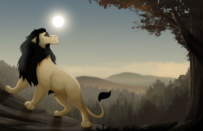 black_body black_fur black_hair day detailed_background feral fur grass hair male outside paws pink_nose plant rock sky smile solo standing sun tan_body tan_fur kitchiki felid lion mammal pantherine hi_res