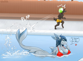 anthro ball big_breasts bikini biped blue_eyes blue_hair bottomless breasts clothed clothing collarbone contact_onomatopoeia dialogue different_sound_effects duo emanata eyebrows eyelashes female hair head_hit heart_symbol hitting impact impact_onomatopoeia male nipple_outline non-mammal_breasts one_eye_closed onomatopoeia open_mouth partially_submerged plap smack_(sound_effect) smile sound_effects speech_bubble swimming swimming_pool swimwear tail talking_to_another teeth text text_with_heart topless two-piece_swimsuit water colarix nanja aquatic fish shark 2018 absurd_res digital_media_(artwork) english_text hi_res