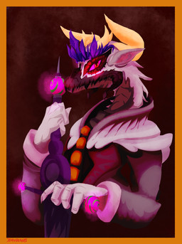 5_fingers anthro black_markings border button_(fastener) clothing crown ears_back fingers glowing glowing_eyes headgear holding_melee_weapon holding_object holding_sword holding_weapon horn male markings melee_weapon orange_border pink_sclera pivoted_ears red_eyes scales solo sword weapon white_body white_scales just_dryvern microsoft minecraft mojang mythology xbox_game_studios dragon ender_dragon mythological_creature mythological_scalie scalie hi_res