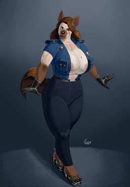 4_toes 5_fingers anthro areola areola_slip big_breasts black_clothing black_footwear black_gloves black_handwear black_high_heels black_nose blue_bottomwear blue_clothing blue_jeans blue_pants blue_shirt blue_topwear bottomwear breasts brown_hair brown_tail clothed clothing curvy_figure denim denim_bottomwear denim_clothing eyebrows eyelashes feet female fingers footwear freckled_face freckles gloves hair handwear high_heels huge_breasts jeans long_hair looking_at_viewer no_bra pants police police_uniform shirt shoes solo standing tail text thick_thighs toes topwear uniform vein veiny_breasts voluptuous wide_hips pancarta maria_(pancarta) canid canine canis domestic_dog german_shepherd herding_dog mammal pastoral_dog 2026 artist_name hi_res