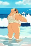 anthro beach belly biceps big_butt bottomless butt clothed clothing domestic_pig eyewear facial_hair floppy_ears hi_res male mammal mezcal_(artist) musclegut muscular muscular_anthro muscular_legs muscular_male muscular_thighs mustache overweight overweight_male partially_clothed porco_rosso porco_rosso_(character) sea seaside slightly_chubby solo standing suid suina sunglasses sus_(pig) thick_thighs topwear water