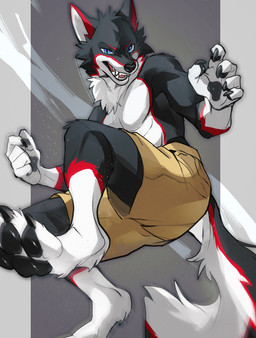 action_pose anthro blue_eyes bottomwear claws clothed clothed_anthro clothed_male clothing finger_claws male pawpads pose shorts shorts_only solo tail toe_claws topless wintom blackie_wolf canid canine canis mammal wolf absurd_res hi_res