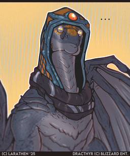 anthro ellipsis eyewear fangs glasses grey_body grey_scales hood long_neck looking_at_viewer male membrane_(anatomy) membranous_wings pattern_background scales scarf simple_background snout solo striped_background teeth wings yellow_background yellow_eyes larathen blizzard_entertainment european_mythology mythology warcraft roszarie_(larathen) dracthyr dragon mythological_creature mythological_scalie scalie western_dragon 2025 half-length_portrait hi_res portrait shaded