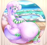 2_toes 3_fingers ambiguous_gender antennae_(anatomy) anthro big_breasts big_butt breasts butt chantilly_(leonkatlovre) clothing cutiefly dragon dratini feet female feral fingers freckles generation_1_pokemon generation_6_pokemon generation_7_pokemon goodra green_eyes group gyarados hi_res huge_butt legwear leonkatlovre looking_at_viewer looking_back magikarp mythological_creature mythological_scalie mythology nintendo non-mammal_breasts pokemon pokemon_(species) purple_body purple_skin scalie signature smile staryu stockings tail thick_thighs toes water