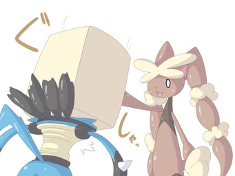 ambiguous_gender anthro blue_body brown_body duo empty_eyes hammer_arm humor multicolored_body simple_background slapstick tan_body text two_tone_body weapon_arm white_background dlrowdog nintendo pokemon generation_4_pokemon generation_6_pokemon lagomorph lucario mammal mega_evolution mega_lopunny pokemon_(species) 2015 4:3 absurd_res hi_res japanese_text translation_request