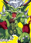 armpit_hair balls blue_eyes bodily_fluids body_hair ear_piercing erection genital_fluids genitals green_body hair horn male muscular penis piercing precum scar solo white_hair logan_sato bandai_namco digimon digimon_(species) ogremon absurd_res censored hi_res