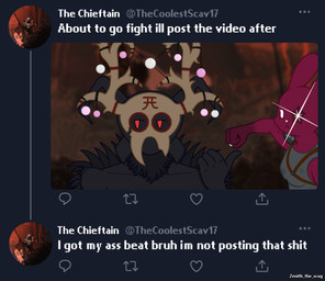 3_fingers 4_fingers angry anthro armor back_spines big_ears black_body black_fur claws decorative_clothing eye_scar facial_scar female fighting_pose fingers fist fur gem glistening glistening_eyes horn imminent_fight male mask pearl_(gem) pose profanity raised_fist raised_hand red_body scar social_media symbol text white_eyes zenith_the_scug rain_world twitter videocult artificer_(rain_world) chieftain_scavenger humanoid scavenger_(rain_world) slugcat slugcat_humanoid 2026 absurd_res english_text hi_res meme