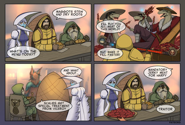 anthro beard clothing coat cutlery dialogue facial_hair female food furniture gloves handwear hat headgear headwear hood kitchen_utensils male meat mustache raincoat shoulder_pads spoon table text tools topwear conditional_dnp patecko against_the_storm_(video_game) european_mythology greek_mythology mythology viceroy_(against_the_storm) avian beaver canid canine fox harpy human humanoid lizard mammal mythological_avian mythological_creature reptile rodent scalie 2024 comic english_text hi_res