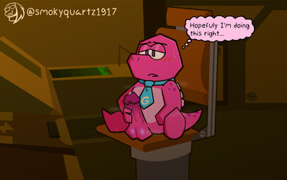 anthro balls biped bodily_fluids dialogue erection genital_fluids genitals humanoid_genitalia humanoid_penis male masturbation musk nude open_mouth penile penile_masturbation penis solo sweat tail text smokyquartz1917 gameoverse glitch_productions gobbles_(gameoverse) dinosaur prehistoric_species reptile saurischian scalie theropod 2026 artist_name digital_drawing_(artwork) digital_media_(artwork) english_text hi_res