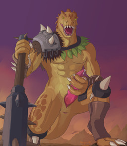 animal_genitalia anthro anus armor bodily_fluids claws cum cumshot ejaculation erection genital_fluids genital_slit genitals greaves green_eyes holding_object holding_weapon leaf mace male masturbation melee_weapon multicolored_body muscular muscular_anthro muscular_male no_pupils open_mouth orange_body pecs penile penile_masturbation penis poleyn presenting shoulder_guards solo spikes teeth two_tone_body vambrace weapon pokegontc monster_legends danisaurus dinosaur monster prehistoric_species reptile scalie theropod tyrannosaurid tyrannosauroid tyrannosaurus tyrannosaurus_rex 2022 absurd_res digital_media_(artwork) hi_res