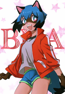 5_fingers anthro black_body black_fur blue_body blue_eyes blue_fur blue_hair brown_body brown_fur clothed clothing female fingers fluffy fluffy_tail fur hair jacket kemono multicolored_body multicolored_fur multicolored_hair open_mouth open_smile short_hair smile solo tail text topwear translucent translucent_hair youki_qio brand_new_animal studio_trigger michiru_kagemori canid canine mammal raccoon_dog tanuki 2020 english_text hi_res portrait three-quarter_portrait