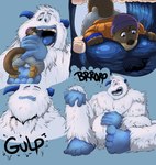 anthro bangs belly big_belly blue_background blue_eyes blue_horn blue_tongue bottomwear broken_horn brown_body brown_fur burping clothed clothed_prey clothing duo eyebrows feet fluffy footwear fully_clothed fur fuzzy gulp_(sound_effect) hair hand_held hand_on_belly hand_on_knee hand_on_leg handheld hat headgear headwear holding_another horn in_mouth internal larger_male larger_pred lying male male/male mouth_shot nervous on_front open_mouth oral_vore otter_tail pants prey_in_mouth safe_vore shirt shoes simple_background sitting size_difference smaller_male smaller_prey smile soft_vore swallowing tail teeth throat tongue topwear vore whiskers white_body white_fur willing_pred pandottermon smallfoot migo_(smallfoot) humanoid mammal mustelid otter yeti multiple_images sequence