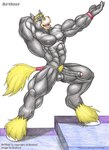 5_fingers ankle_tuft anthro balls big_muscles black_body black_fur black_penis blonde_hair blue_eyes erection fingers foreskin fur genitals glans hair hooves huge_muscles humanoid_genitalia humanoid_penis leg_tuft male muscular muscular_anthro muscular_male nipples nude partially_retracted_foreskin penis pink_glans pink_nipples pose pubes simple_background smile smiling_at_viewer solo tail text tuft vein veiny_muscles veiny_penis white_background white_hooves wristband braford equid equine horse mammal english_text traditional_media_(artwork)