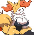 anthro big_breasts black_body black_fur blush breasts cleavage clothed clothing fangs female fur huge_breasts inner_ear_fluff multicolored_body multicolored_fur one-piece_swimsuit open_mouth orange_body orange_eyes orange_fur simple_background smile solo stick swimwear tail teeth topwear tuft white_background white_body white_fur yellow_body yellow_fur evaacii nintendo pokemon braixen generation_6_pokemon pokemon_(species) 2025 digital_media_(artwork) hi_res
