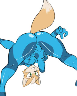 anthro balls bent_over bodysuit bulge butt clothed clothing condom_suit cosplay crossover_cosplay detailed_bulge erection erection_under_clothing fully_clothed genital_outline genitals green_eyes humanoid_genitalia humanoid_penis looking_at_genitalia looking_at_penis looking_back looking_through looking_through_legs male penis penis_conforming penis_outline simple_background skinsuit solo tight_clothing white_background zero_suit rokiloki metroid nintendo star_fox fox_mccloud zerosuit_fox canid canine fox mammal crossover hi_res