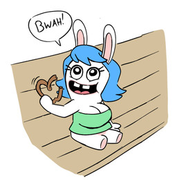 anthro bangs bare_shoulders bench bent_arm big_breasts black_eyes blue_hair bottomless bottomless_anthro bottomless_female breasts buckteeth cleavage clothed clothed_anthro clothed_female clothing conjoined_eyes eyelashes featureless_legs female food green_clothing green_topwear green_tube_top hair holding_food holding_object holding_pretzel long_ears looking_up medium_hair mitten_hands motion_lines offering_food on_bench open_mouth open_smile pawpads pink_tongue pretzel_(food) pupils simple_background sitting sitting_on_bench smile solo speech_bubble straight_legs tan_body tan_inner_ear tan_pawpads tan_skin teeth tongue topwear tube_top white_background white_breasts white_pupils yelling robotic_pastries raving_rabbids rayman_(series) ubisoft fan_character rabbid_wife_(robotic_pastries) lagomorph mammal rabbid 2023 digital_drawing_(artwork) digital_media_(artwork) english_description flat_colors full-length_portrait hi_res portrait