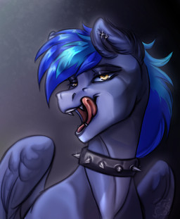 black_collar blue_body blue_eyebrows blue_fur blue_mane blue_wings collar collar_only ear_piercing ear_ring eyebrows eyelashes fangs feathered_wings feathers feral fur glint licking licking_lips licking_own_lips lidded_eyes light looking_at_viewer male male_feral mane medium_mane multicolored_mane nude nude_feral nude_male open_mouth open_smile piercing pink_tongue ring_piercing simple_background smile smiling_at_viewer solo spiked_collar spikes teeth text tongue tongue_out two_tone_mane wings rayrage hasbro my_little_pony mythology fan_character proffy_floyd_(oc) equid equine mammal mythological_creature mythological_equine pegasus 2025 absurd_res artist_name bust_portrait colored digital_drawing_(artwork) digital_media_(artwork) hi_res lighting portrait shaded male_(lore)