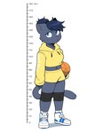 anthro athletic_wear ball basketball basketball_(ball) blue_body blue_eyes blue_face blue_fur blue_hair blue_tail bodily_fluids bottomwear chart clothed clothing cropped_hoodie female footwear fur glistening glistening_hair hair height_chart holding_basketball knee_pads long_sleeves looking_aside looking_up midriff shoes shorts simple_background solo sportswear standing sweat tail tied_hair topwear white_background white_clothing white_footwear white_shoes yellow_bottomwear yellow_clothing yellow_shorts yellow_topwear conditional_dnp sonokido ventura_city_drifters alina_scratch domestic_cat felid feline felis mammal 2023 digital_media_(artwork) full-length_portrait hi_res portrait