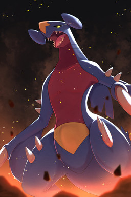 ambiguous_anthro ambiguous_gender anthro arm_fin arm_spikes biped black_sclera blue_body blue_fin blue_scales blue_tail collarbone dorsal_fin featureless_chest featureless_crotch fin fire glowing glowing_eyes leg_spikes light looking_at_viewer looking_down looking_down_at_viewer multicolored_body multicolored_scales open_mouth pink_tongue pupils red_body red_scales scales sharp_teeth slit_pupils smoke solo spikes spikes_(anatomy) standing tail tapering_tail teeth tongue yellow_body yellow_eyes yellow_scales rumine nintendo pokemon garchomp generation_4_pokemon pokemon_(species) scalie 2026 2:3 hi_res lighting shaded
