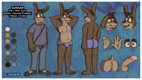 angry anthro armpit_hair aroused backpack balls belly biped body_hair border bottomwear brown_body brown_fur butt clothing erection eyebrows feet footwear fur genitals gunnar_bunny hairy happy humanoid_genitalia humanoid_penis male mohawk nipples nude pants penis shoes simple_background smile sneakers solo standing tail text thick_eyebrows underwear white_border g_bunn gunnar_(g_bunn) lagomorph leporid mammal rabbit hi_res model_sheet
