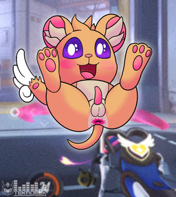 anus balls blue_eyes butt ear_fur feathered_wings feathers feral fur genitals inner_ear_fluff male pawpads paws penis presenting solo tuft wings yellow_body yellow_fur teknomekanoid blizzard_entertainment overwatch eleos_(overwatch) cricetid hamster mammal rodent hi_res