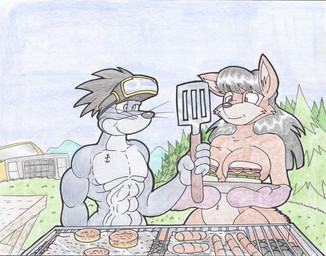 abs anchor_tattoo anthro big_breasts black_hair breasts brown_body brown_eyes brown_fur burger car clothing duo eyewear eyewear_on_head female food fur furniture goggles goggles_on_head grass grill hair hat headgear headwear hot_dog male meat multicolored_body multicolored_fur muscular muscular_anthro muscular_male navel picnic_table plant spatula table tattoo tools tree two_tone_body two_tone_fur vehicle whiskers virus-20 june_coyote travis_seal aquatic canid canine canis coyote mammal pinniped seal 2013 traditional_media_(artwork)