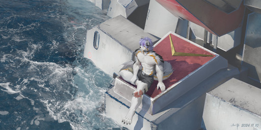 abs anthro black_claws black_markings black_nose blue_eyes bottomwear claws clothed clothing fur grey_body grey_bottomwear grey_clothing grey_fur grey_shorts hair male male_anthro markings mouth_closed muscular muscular_anthro muscular_male orange_markings pawpads pecs pink_pawpads purple_hair short_hair shorts sitting solo toe_claws topless water white_body white_fur awaldkize canid canine canis domestic_dog mammal 2024 absurd_res dated hi_res