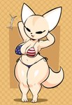 3_toes abstract_background american_flag_bikini anthro bikini clothing feet female flag_bikini hands_behind_head holidays navel short_stack solo swimwear tail thick_thighs toes two-piece_swimsuit wide_hipped_female wide_hips blackmore 4th_of_july aggretsuko sanrio fenneko canid canine fennec_fox fox mammal true_fox absurd_res hi_res