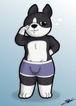 anthro black_body black_fur black_nose boxer_briefs bulge clothing fur hand_behind_back male multicolored_body multicolored_fur one_eye_closed short_stack simple_background smile solo thick_thighs tired_eyes two_tone_body two_tone_fur underwear white_body white_fur woken_up d13w0tt_(artist) dogs_in_space netflix atlas_(dogs_in_space) boston_terrier canid canine canis domestic_dog hunting_dog mammal molosser small_molosser terrier toy_dog hi_res