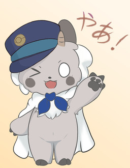 2_toes anthro biped blue_bow bow_tie cape cape_only chest_tuft chibi clothing cute_fangs empty_eyes fangs featureless_crotch feet fur gesture grey_body hair handpaw hat headgear headwear male mostly_nude navel one_eye_closed open_mouth open_smile paws simple_background smile standing teeth text toes tuft waving white_body white_fur white_hair wink yellow_background young young_anthro young_male naru_ga nagamo-kun species_request hi_res translated
