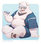 anthro belly big_belly blush eyewear fur glasses humanoid_hands kemono male moobs navel nipples overweight overweight_male simple_background sitting solo white_body white_fur seamonsterping bear mammal 2023 absurd_res hi_res