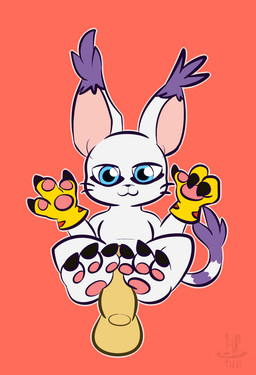 3_fingers 3_toes anthro balls blue_eyes claws clothing disembodied_penis duo erection feet female fingers foot_fetish foot_focus foot_play footjob fur genitals gloves handwear humanoid_genitalia humanoid_penis interspecies male male/female pawpads penile penis pink_background red_background sex simple_background smile soles solo_focus toe_claws toes two-footed_footjob white_body white_fur thefablednekos bandai_namco digimon digimon_(species) felid gatomon mammal 2017 absurd_res dated digital_media_(artwork) hi_res signature