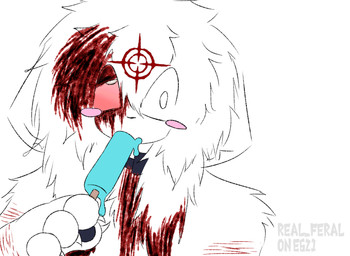 ambiguous_gender anthro blood blood_on_face bloodshot_eyes blush blush_lines bodily_fluids collar crosshair cultist dessert floppy_ears food gore hair ice_cream lazy_eye melting_ice_cream messy_hair scar self-harm self-harm_scars shock_collar solo white_body real_feral preychan felid feline mammal distracting_watermark hi_res sketch watermark