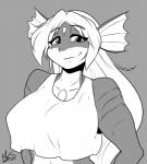 anthro big_breasts breasts clothed clothing ear_fins female fin gem hair huge_breasts looking_at_viewer non-mammal_breasts simple_background smile solo split_form mrsakai miren marine merfolk scalie greyscale hi_res monochrome