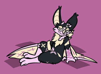animal_genitalia anthro balls bedroom_eyes black_body black_fur braided_hair claws erection fangs feet fur genitals hair half-closed_eyes horn looking_at_viewer male membrane_(anatomy) membranous_wings narrowed_eyes neck_tuft nude penis presenting presenting_penis purple_body purple_skin seductive semi-anthro sheath simple_background sitting sitting_on_ground smile solo tail talons teeth toes tuft winged_arms wings yellow_body yellow_fur bizart bat mammal 2026 aliasing digital_media_(artwork) hi_res