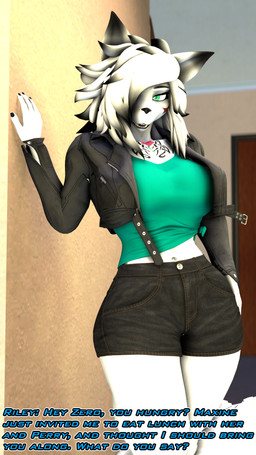anthro arm_tattoo big_breasts black_clothing black_hair black_highlights black_jacket black_topwear bottomwear breasts clothing curvy_figure denim denim_bottomwear denim_clothing denim_shorts dialogue female fluffy fluffy_tail fur hair hair_over_eye highlights_(coloring) jacket leather leather_clothing leather_jacket leather_topwear long_hair long_tail multicolored_hair open_mouth open_smile shirt shorts smile solo tail tattoo teal_clothing teal_eyes teal_shirt teal_topwear text thick_thighs tied_shirt topwear two_tone_hair voluptuous voluptuous_anthro voluptuous_female white_body white_fur white_hair wide_hipped_anthro wide_hipped_female wide_hips atoastedorange warfaremachine_(modeler) riley_(atoastedorange) canid canine fox mammal 2025 3d_(artwork) 9:16 digital_media_(artwork) english_text hi_res source_filmmaker_(artwork)