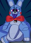 anthro balls big_balls big_penis blue_body bodily_fluids bow_tie flaccid genital_focus genitals half-closed_eyes machine male narrowed_eyes penis penis_focus purple_eyes saliva shy simple_background sitting solo tongue tongue_out plushtrapboyuwu five_nights_at_freddy's scottgames sister_location puppet_bonnie_(fnafsl) animatronic lagomorph leporid mammal rabbit robot 2020 absurd_res cel_shading digital_drawing_(artwork) digital_media_(artwork) hi_res shaded signature