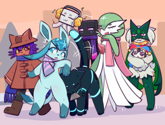 anthro female group scarf ninebuttom hi-fi_rush microsoft minecraft mojang nintendo oneshot pokemon tango_gameworks xbox_game_studios 808_(hi-fi_rush) niko_(oneshot) eeveelution enderman gardevoir generation_3_pokemon generation_4_pokemon generation_9_pokemon glaceon happy_ghast_(minecraft) humanoid meowscarada pokemon_(species)