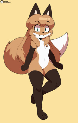 breasts clean_lines contrapposto curvy_figure female fluffy fluffy_tail green_eyes hair happy intersex long_hair simple_background small_breasts smile solo standing tail text thick_thighs conditional_dnp voider_(artist) averi_(fiddleafox) canid canine fox mammal 2025 absurd_res colored digital_media_(artwork) english_text flat_colors full-length_portrait hi_res portrait shaded simple_shading