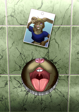 anthro bathroom_tiles bathroom_wall blue_eyes brown_body brown_fur brown_hair fur glory_hole hair imminent_oral male open_mouth photo pink_nose slim solo tongue tongue_out tamasuko alex_amber lagomorph leporid mammal rabbit absurd_res hi_res