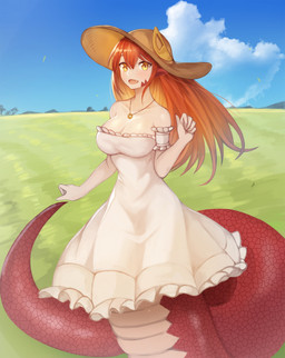 apode big_breasts blush breasts clothing cloud cute_fangs day detailed_background dress fangs female grass green_eyes hair hat headgear headwear humanoid_pointy_ears legless long_hair looking_at_viewer monster_girl_(genre) non-mammal_breasts open_mouth outside plant pointy_ears red_body red_hair red_scales scales serpentine solo split_form sun_hat teeth wide_brim_hat sookmo monster_musume miia_(monster_musume) draconcopode lamia reptile scalie snake 2018 hi_res