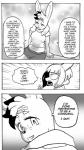 anthro breasts clothed clothing comic cookie_(furryfight_chronicles) daigaijin dialogue duo english_text female furryfight_chronicles hi_res lagomorph leporid looking_back mammal midriff monochrome muko rabbit rodent sciurid text tree_squirrel