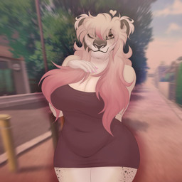 abdominal_bulge anthro bangs big_breasts breasts city city_background cityscape clothing colored_nails eyebrow_through_hair eyebrows eyelashes eyelashes_through_hair female gradient_hair hair long_hair markings mature_female nails pink_hair smile smiling_at_viewer smirk smirking_at_viewer solo spots spotted_body thick_thighs tight_clothing translucent translucent_hair wide_hips ayana_lioness disney the_lion_king ayana_(lioness) felid lion mammal pantherine 1:1 hi_res