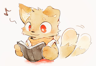 ambiguous_gender anthro book brown_body brown_fur fur holding_book holding_object kerchief musical_note musical_symbol neckerchief neckwear reading reading_book red_eyes simple_background smile solo symbol tail tail_motion tailwag white_background nyano52 canid canine canis domestic_dog mammal 2024 digital_media_(artwork)