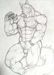 anthro chest_tuft clock clothing dog_tags eyewear holding_bulge looking_at_viewer male muscular muscular_arms muscular_legs muscular_male navel nipples pecs self_grope solo sunglasses tenting thong tuft underwear watch akuann lifewonders live_a_hero wolf_villain_(live_a_hero) canid canine canis mammal wolf hi_res traditional_media_(artwork)